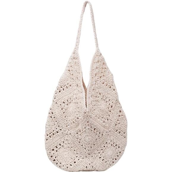 Crochet Beach Bag, Summer Beach Bags for Women Beige - Picture 2 of 7